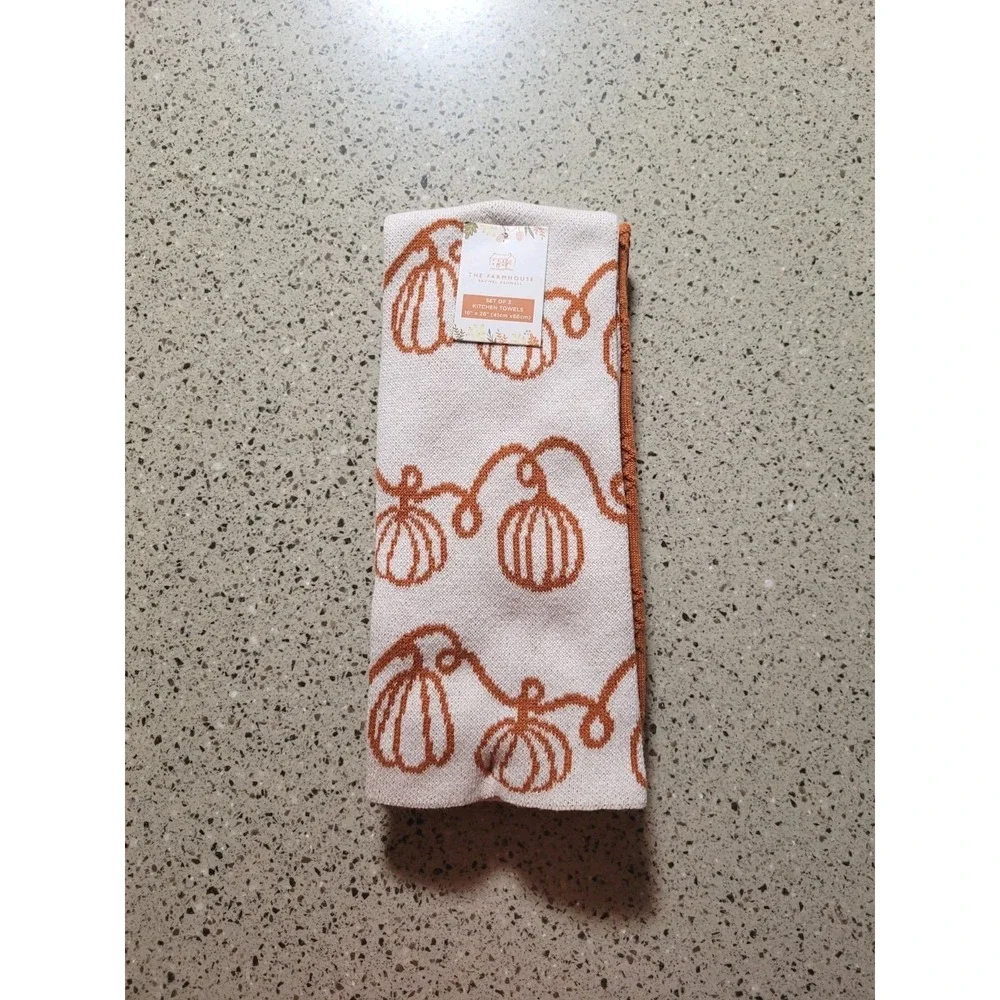 Rachel Ashwell The Farmhouse Set Of 3 Soft Kitchen Towels Pumpkin, Chunky Knit